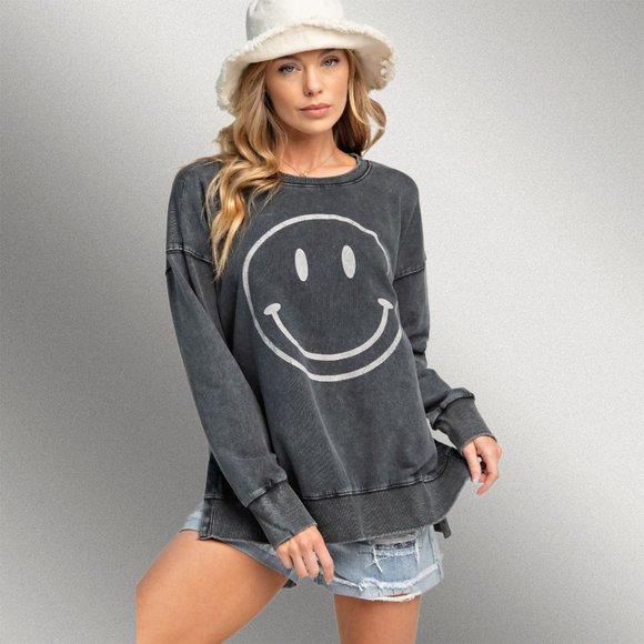 EASEL "All Smiles"  Mineral Washed 100% Soft Cotton Terry Knit Tunic Side Slits - Picture 4 of 11